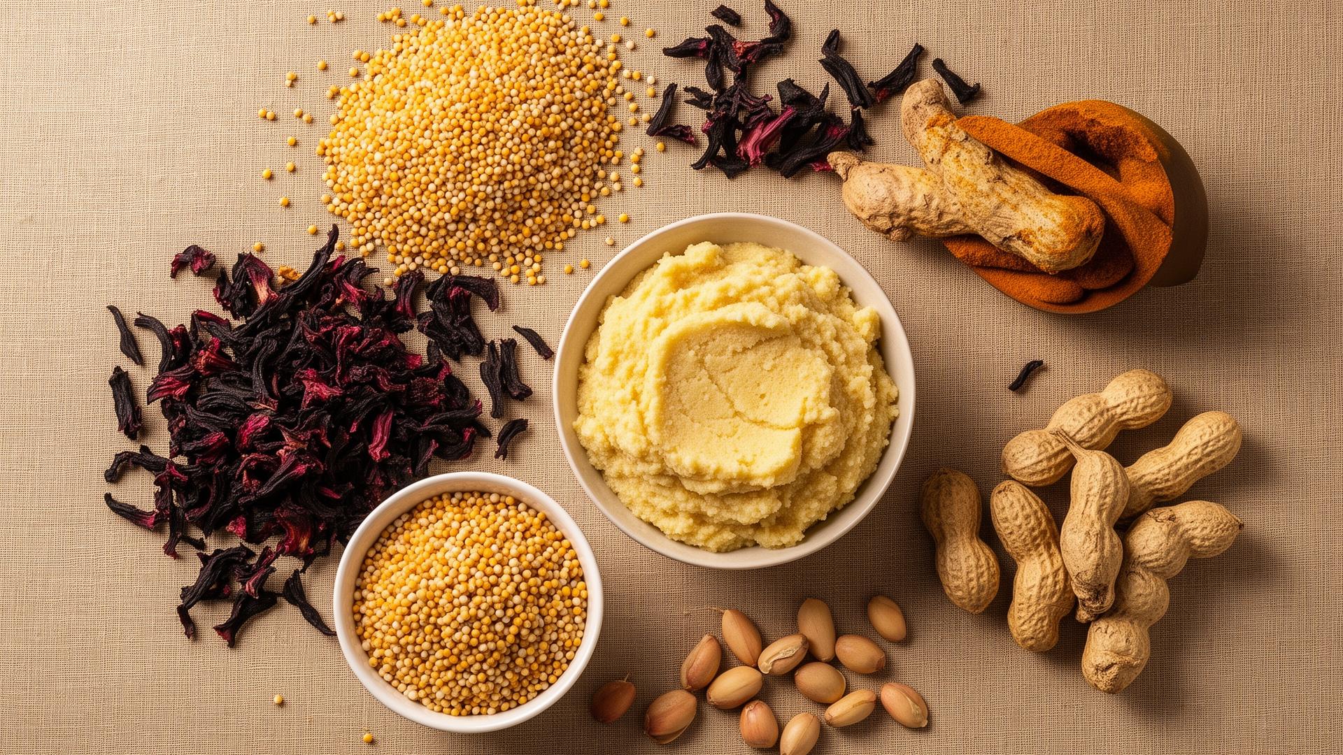 Millet, hibiscus, fermented corn dough, peanuts and ginger on linen