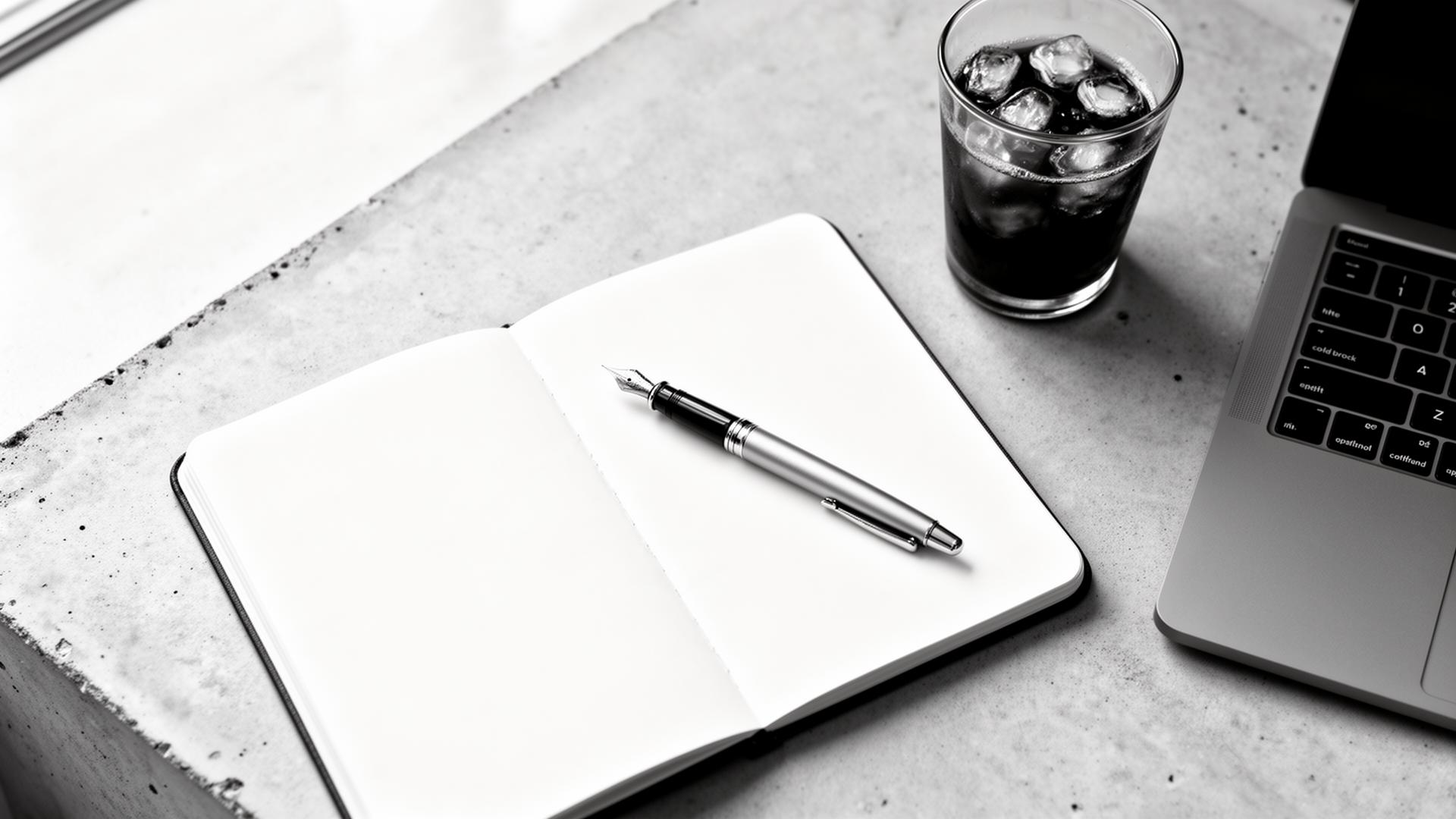 Open notebook with fountain pen, laptop and cold brew on a concrete desk